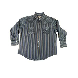 Vintage Ely Cattleman Western Shirt Men 2XL Blue Striped Pearl Snap Retro Casual